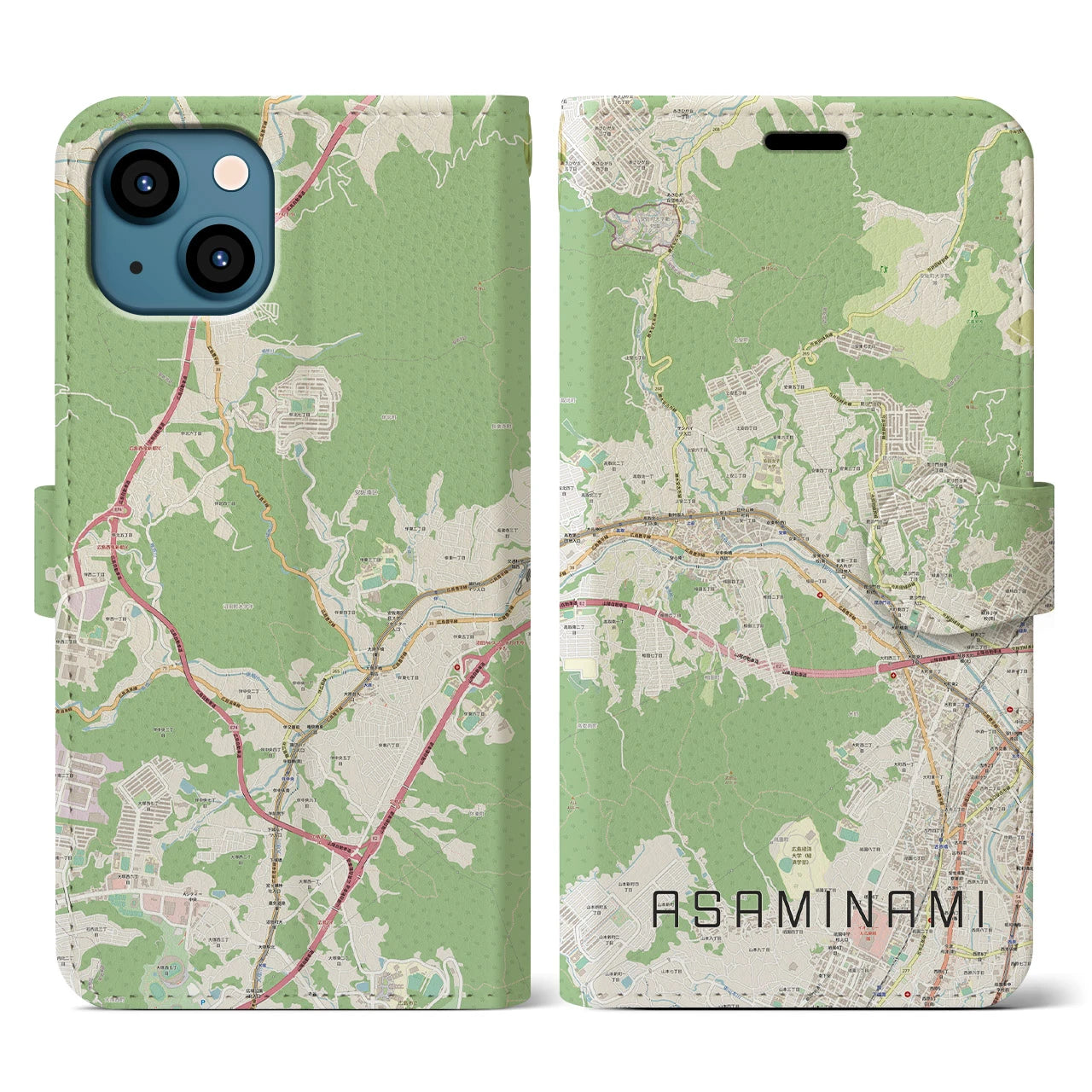【安佐南(広島県)】地図柄iPhoneケース(手帳タイプ)ナチュラル・iPhone 13 用