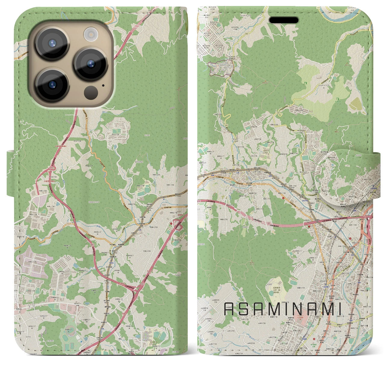 【安佐南(広島県)】地図柄iPhoneケース(手帳タイプ)ナチュラル・iPhone 14 Pro Max 用