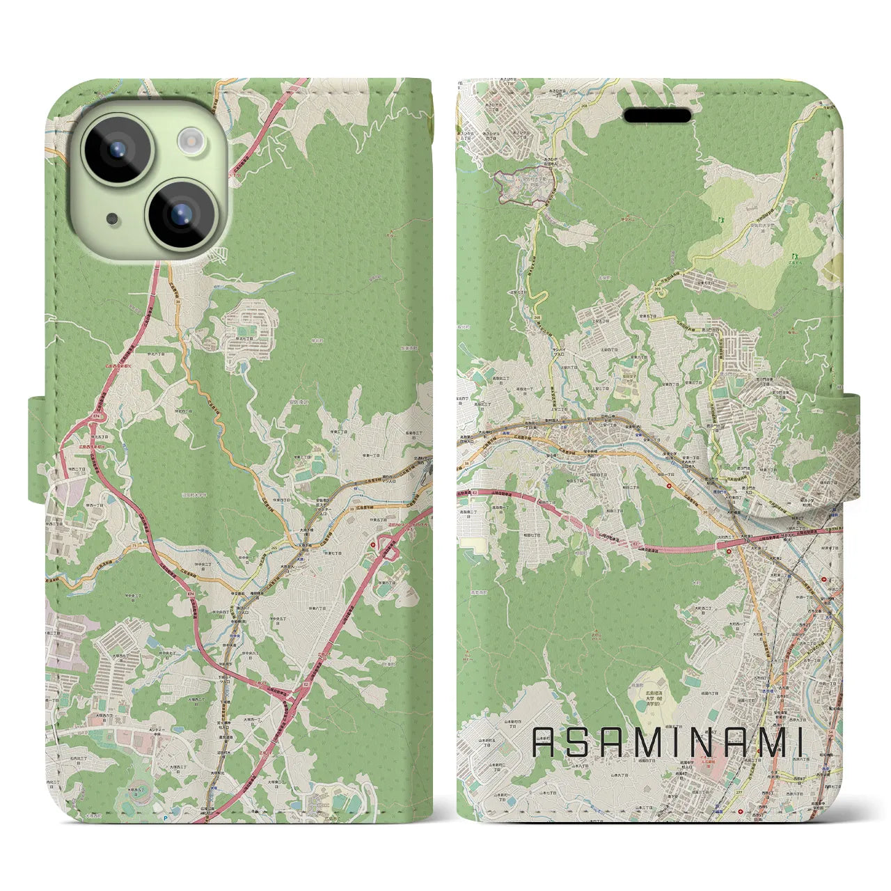 【安佐南(広島県)】地図柄iPhoneケース(手帳タイプ)ナチュラル・iPhone 15 用