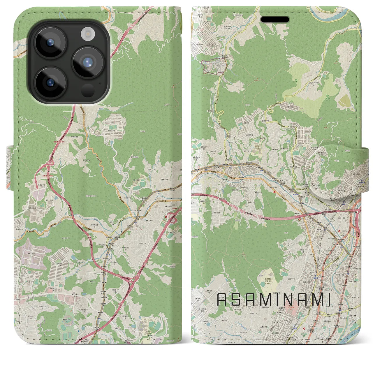 【安佐南(広島県)】地図柄iPhoneケース(手帳タイプ)ナチュラル・iPhone 15 Pro Max 用