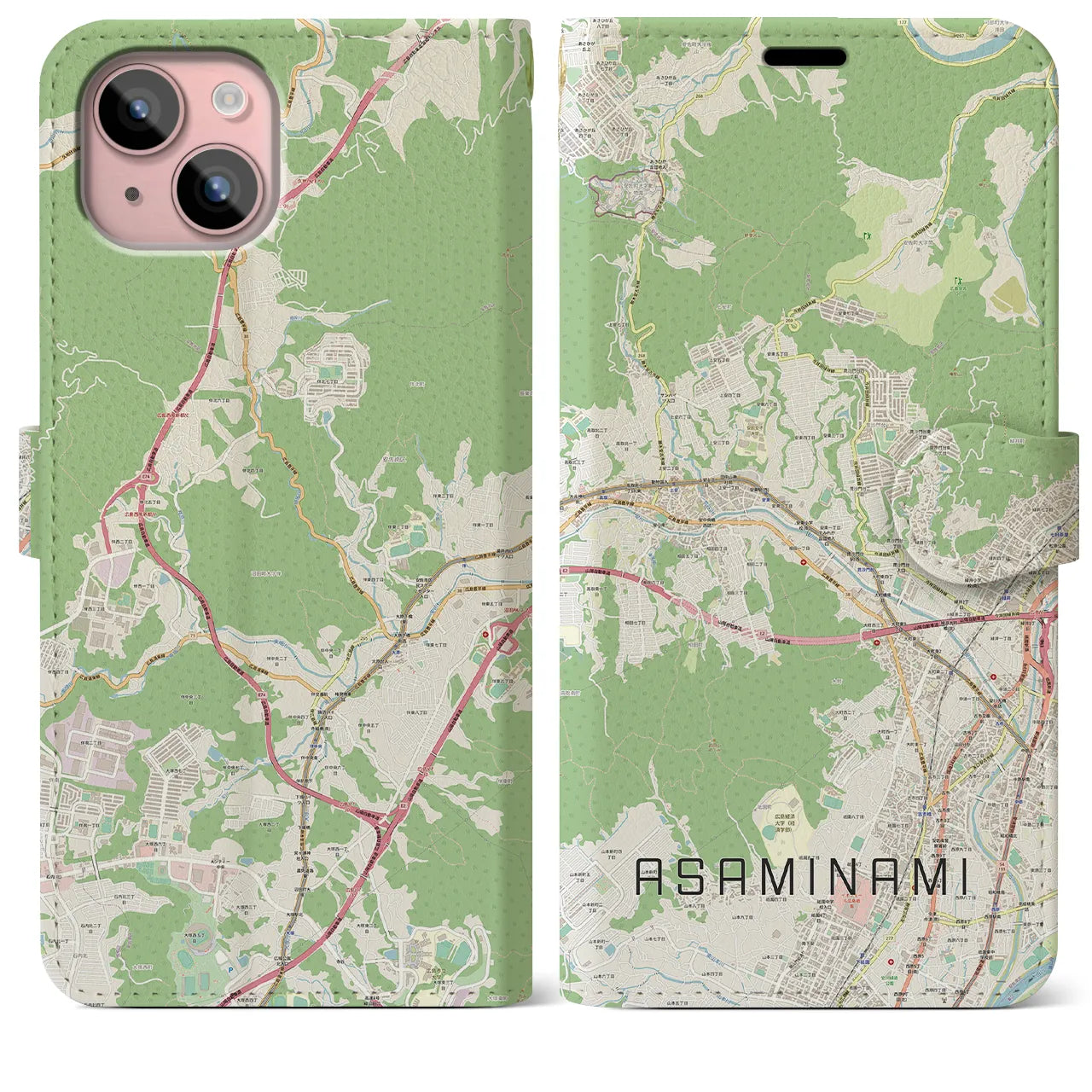 【安佐南(広島県)】地図柄iPhoneケース(手帳タイプ)ナチュラル・iPhone 15 Plus 用