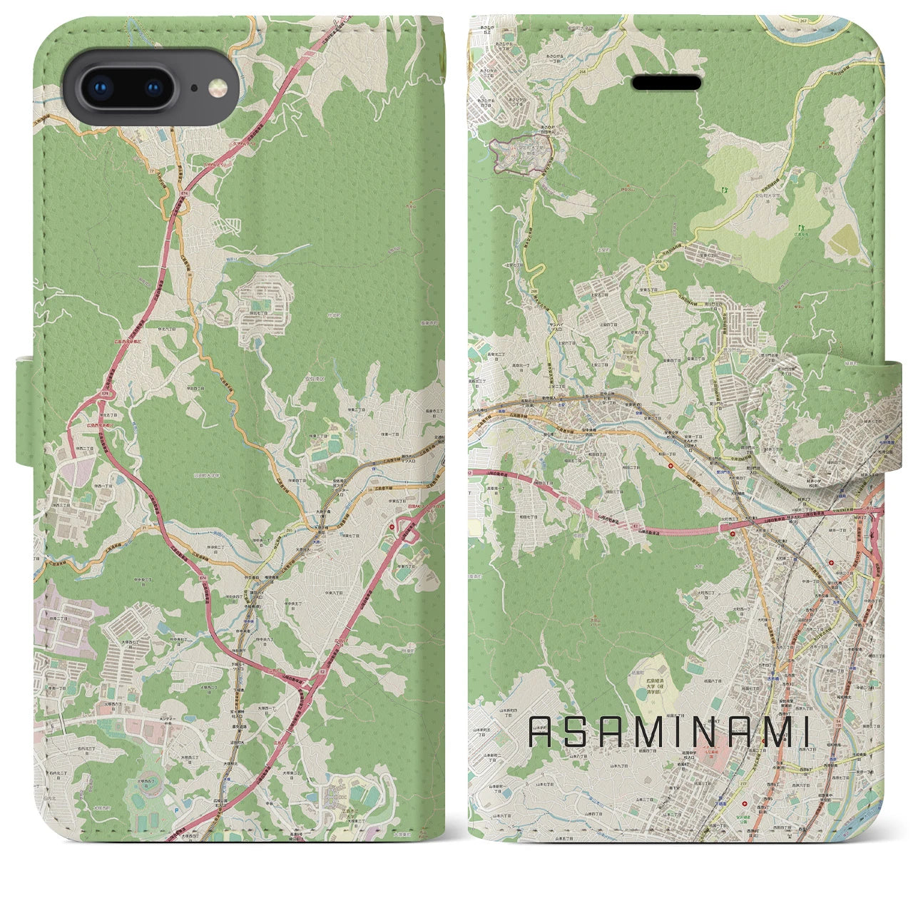 【安佐南(広島県)】地図柄iPhoneケース(手帳タイプ)ナチュラル・iPhone 8Plus /7Plus / 6sPlus / 6Plus 用