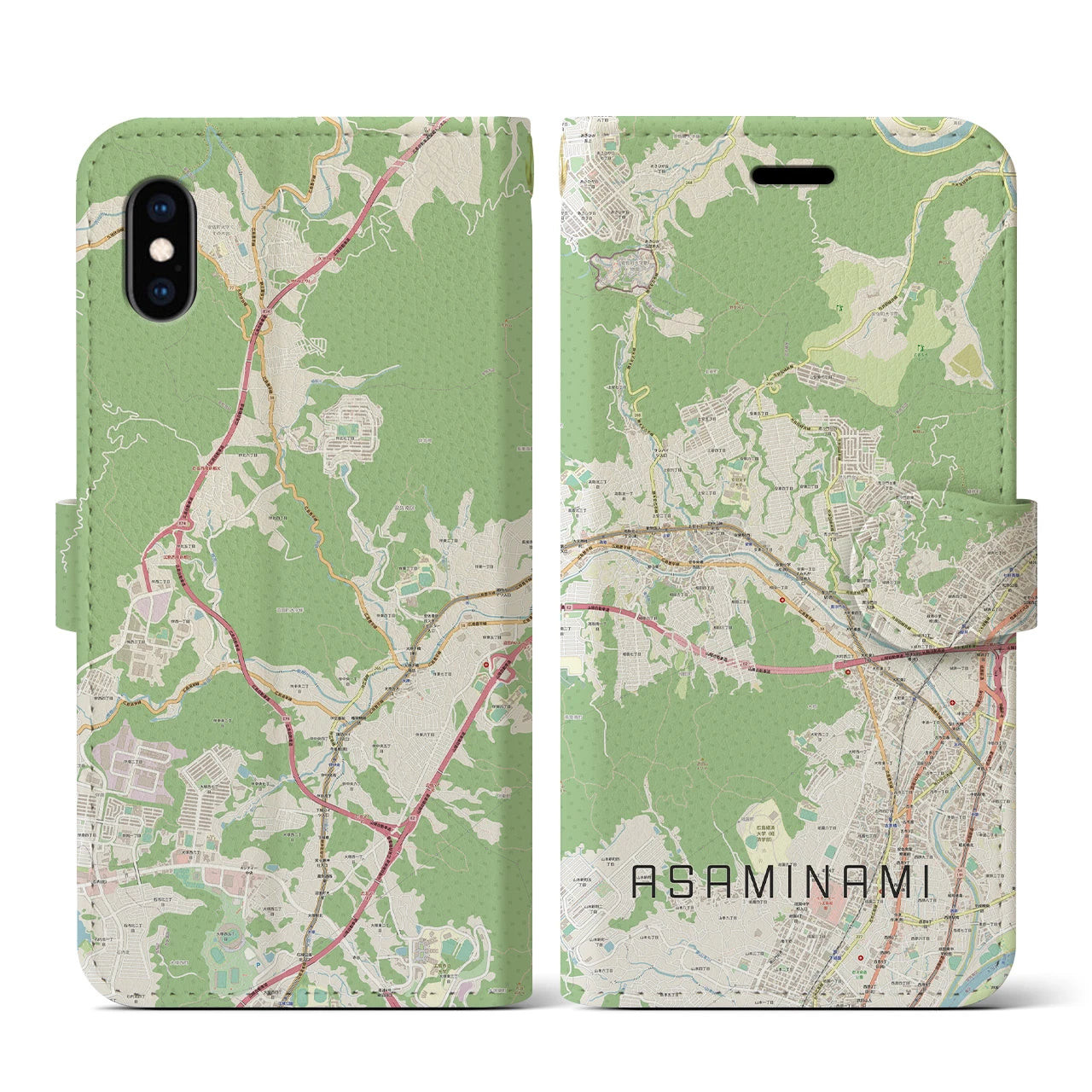 【安佐南(広島県)】地図柄iPhoneケース(手帳タイプ)ナチュラル・iPhone XS / X 用