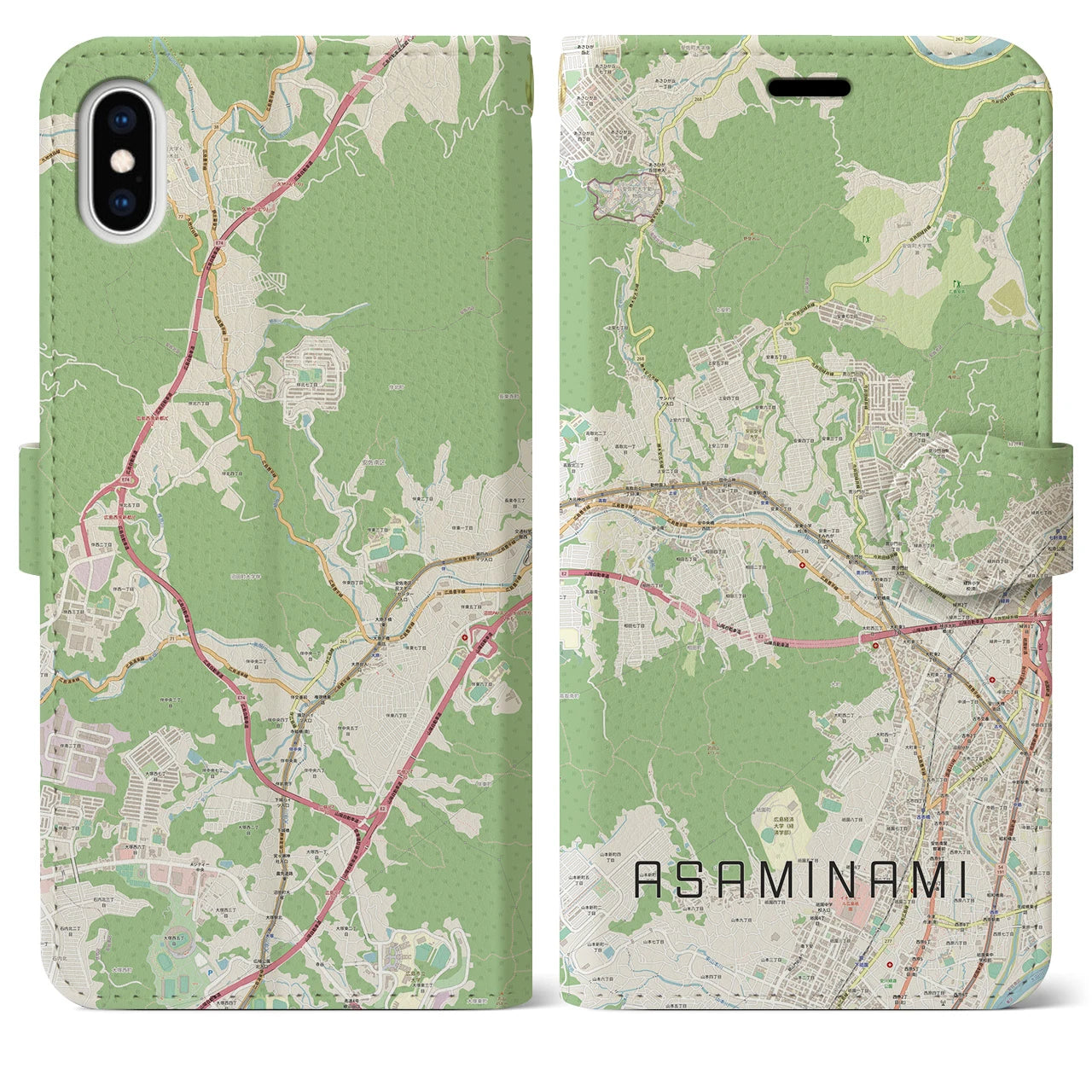 【安佐南(広島県)】地図柄iPhoneケース(手帳タイプ)ナチュラル・iPhone XS Max 用