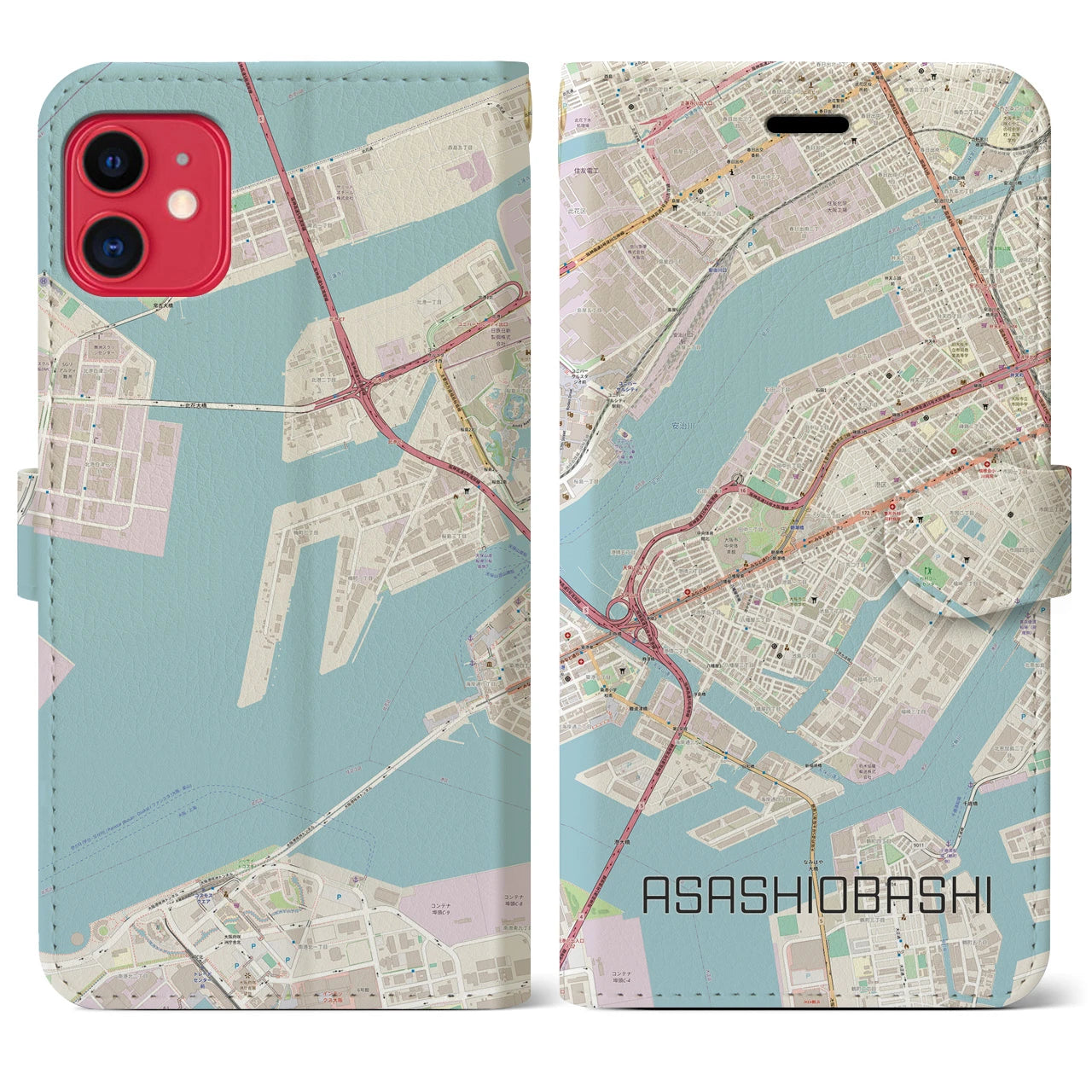 【朝潮橋(大阪府)】地図柄iPhoneケース(手帳タイプ)ナチュラル・iPhone 11 用