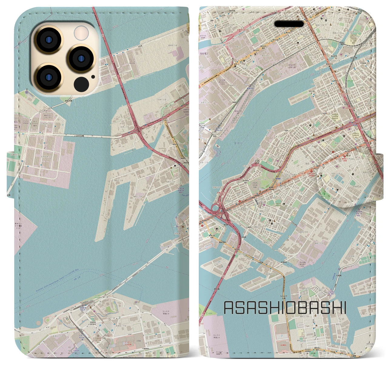 【朝潮橋(大阪府)】地図柄iPhoneケース(手帳タイプ)ナチュラル・iPhone 12 Pro Max 用