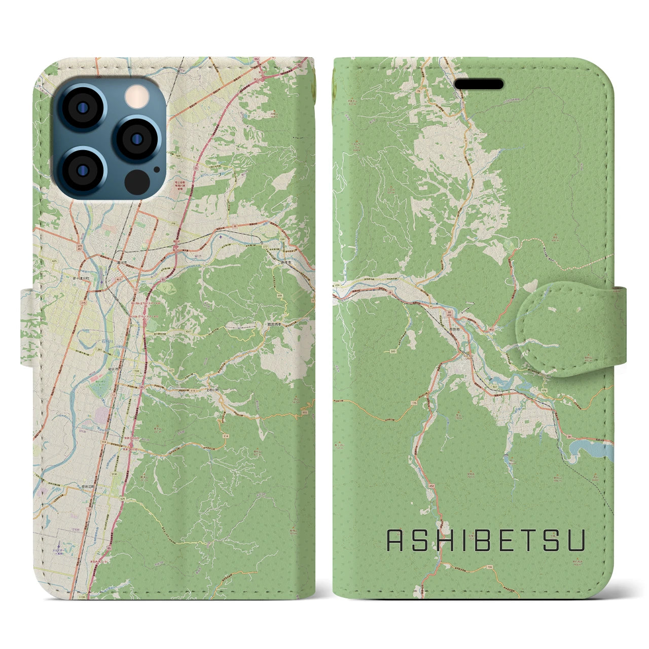 【芦別(北海道)】地図柄iPhoneケース(手帳タイプ)ナチュラル・iPhone 12 / 12 Pro 用