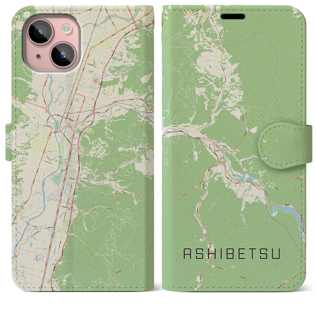 【芦別(北海道)】地図柄iPhoneケース(手帳タイプ)ナチュラル・iPhone 15 Plus 用