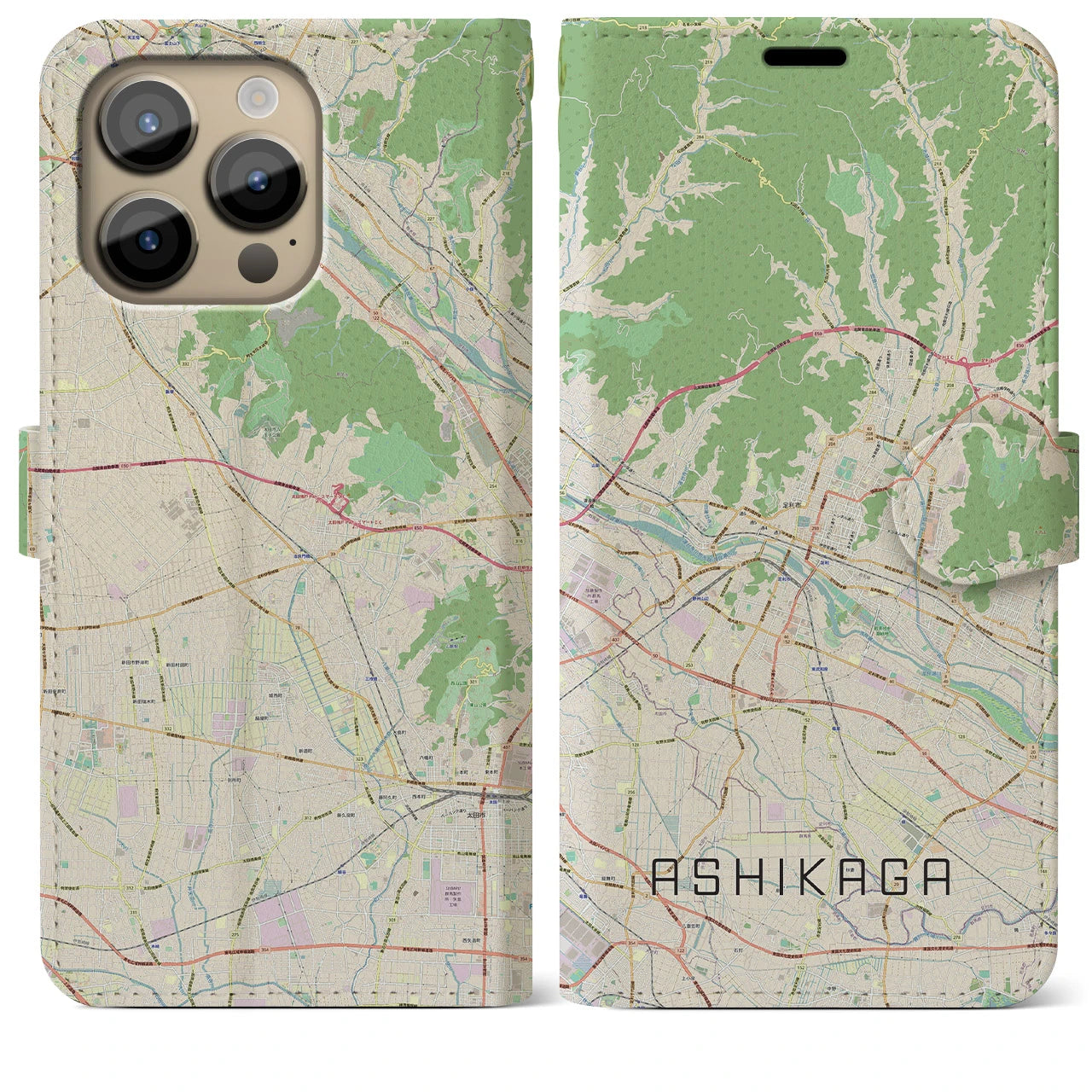【足利(栃木県)】地図柄iPhoneケース(手帳タイプ)ナチュラル・iPhone 14 Pro Max 用