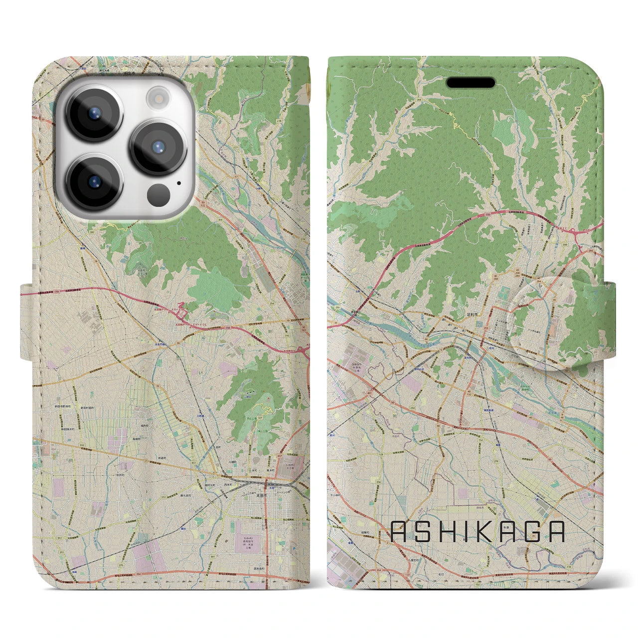 【足利(栃木県)】地図柄iPhoneケース(手帳タイプ)ナチュラル・iPhone 14 Pro 用