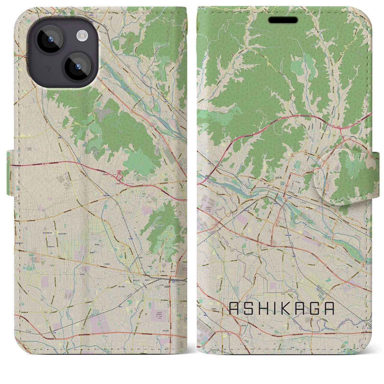 【足利(栃木県)】地図柄iPhoneケース(手帳タイプ)ナチュラル・iPhone 14 Plus 用