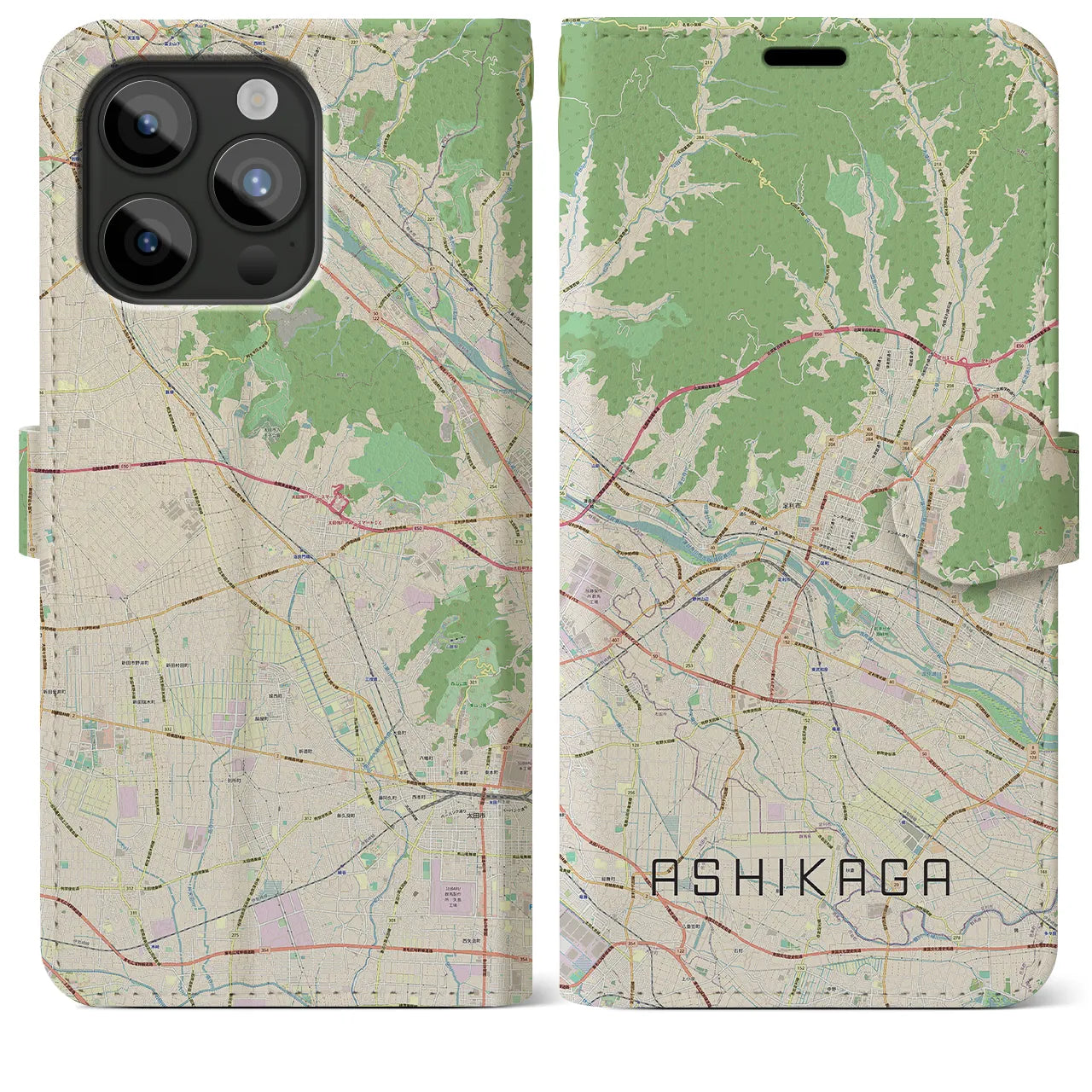 【足利(栃木県)】地図柄iPhoneケース(手帳タイプ)ナチュラル・iPhone 15 Pro Max 用