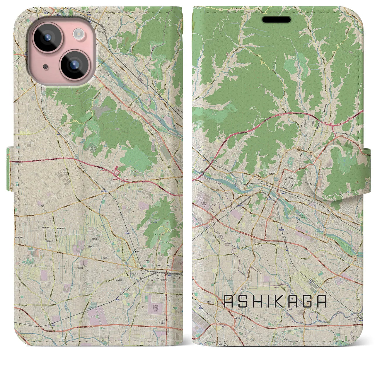 【足利(栃木県)】地図柄iPhoneケース(手帳タイプ)ナチュラル・iPhone 15 Plus 用