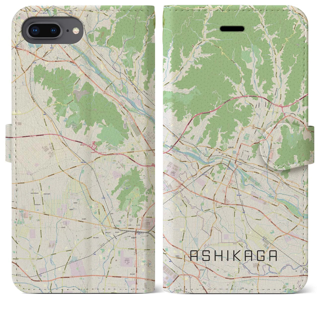 【足利(栃木県)】地図柄iPhoneケース(手帳タイプ)ナチュラル・iPhone 8Plus /7Plus / 6sPlus / 6Plus 用