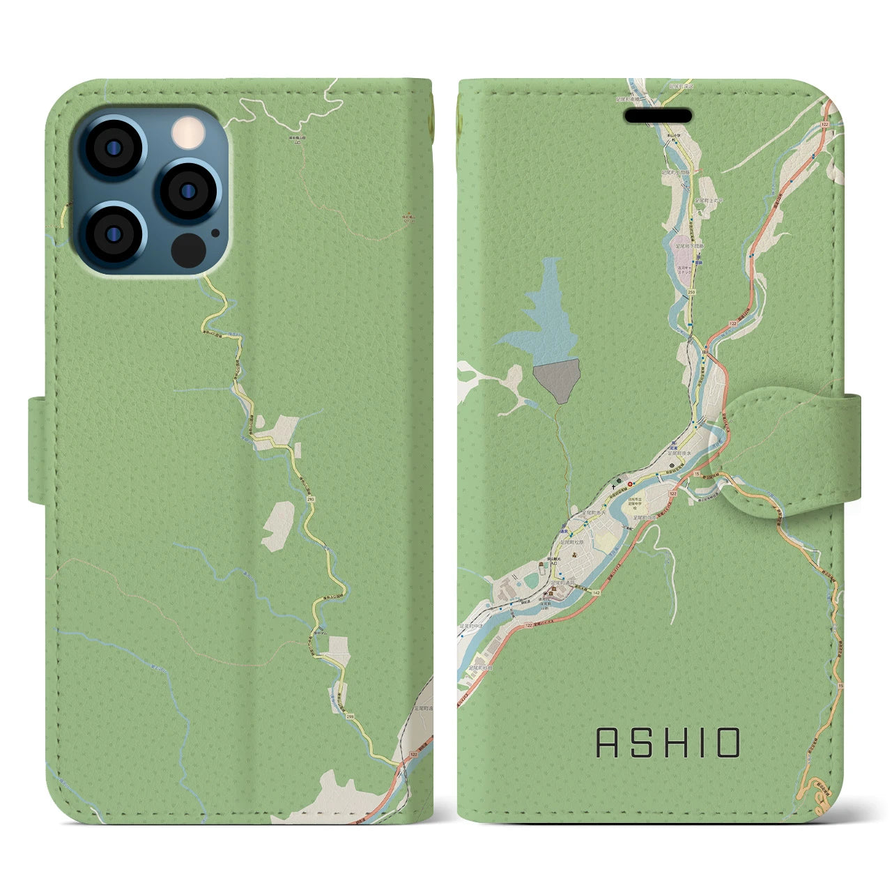 【足尾(栃木県)】地図柄iPhoneケース(手帳タイプ)ナチュラル・iPhone 12 / 12 Pro 用