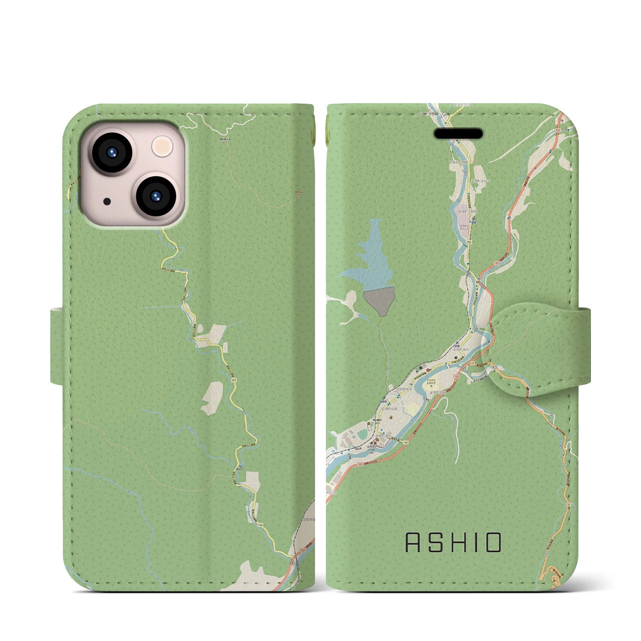 【足尾(栃木県)】地図柄iPhoneケース(手帳タイプ)ナチュラル・iPhone 13 mini 用