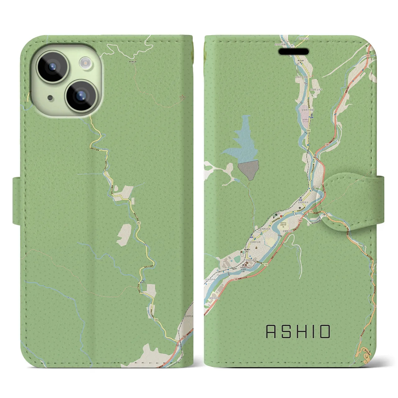 【足尾(栃木県)】地図柄iPhoneケース(手帳タイプ)ナチュラル・iPhone 15 用