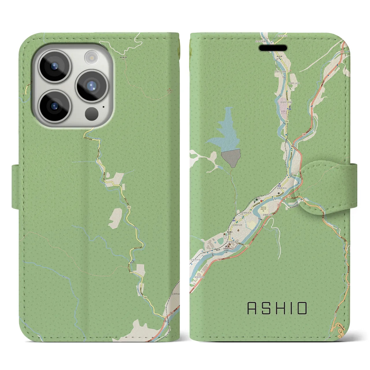 【足尾(栃木県)】地図柄iPhoneケース(手帳タイプ)ナチュラル・iPhone 15 Pro 用