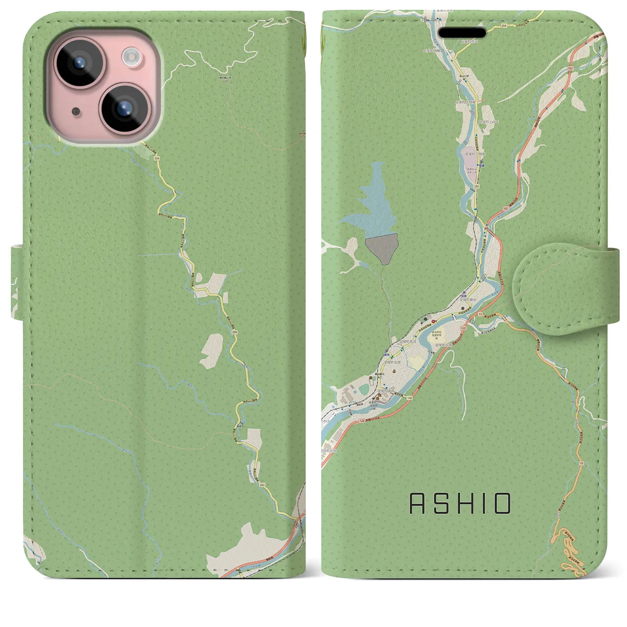 【足尾(栃木県)】地図柄iPhoneケース(手帳タイプ)ナチュラル・iPhone 15 Plus 用