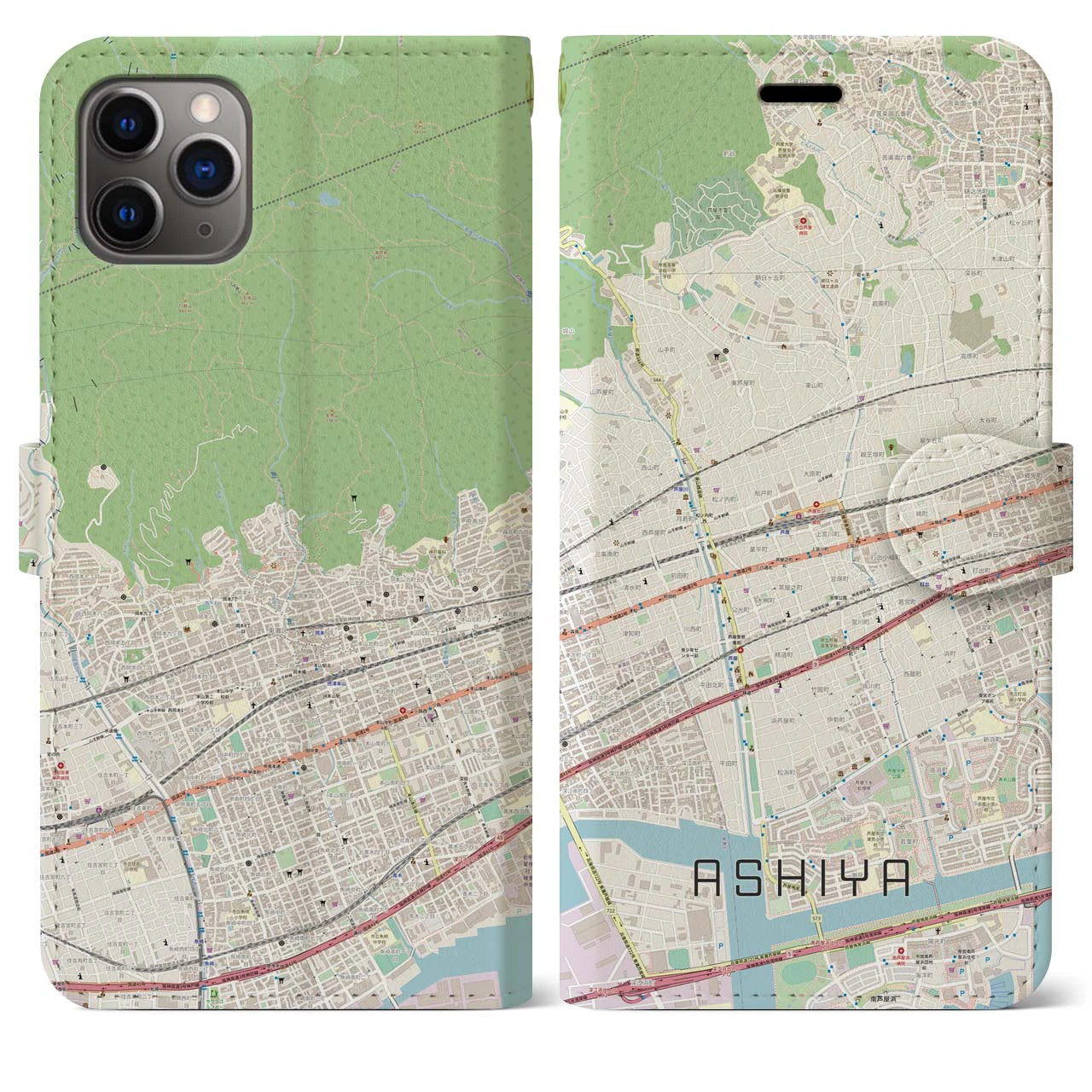 【芦屋(兵庫県)】地図柄iPhoneケース(手帳タイプ)ナチュラル・iPhone 11 Pro Max 用
