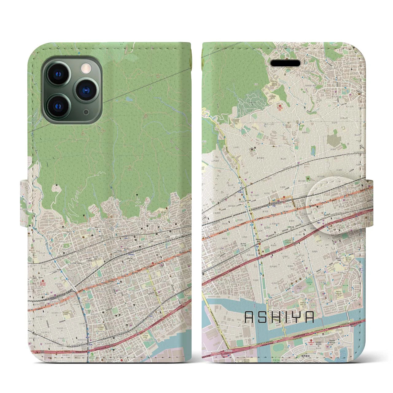 【芦屋(兵庫県)】地図柄iPhoneケース(手帳タイプ)ナチュラル・iPhone 11 Pro 用