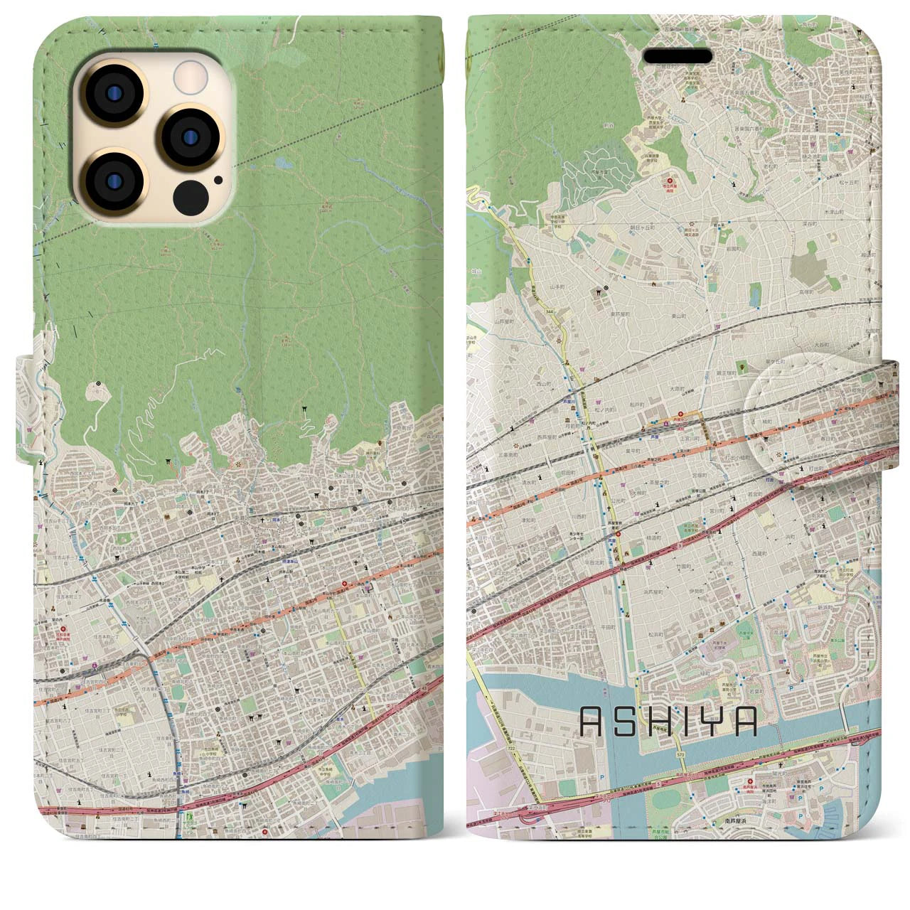 【芦屋(兵庫県)】地図柄iPhoneケース(手帳タイプ)ナチュラル・iPhone 12 Pro Max 用