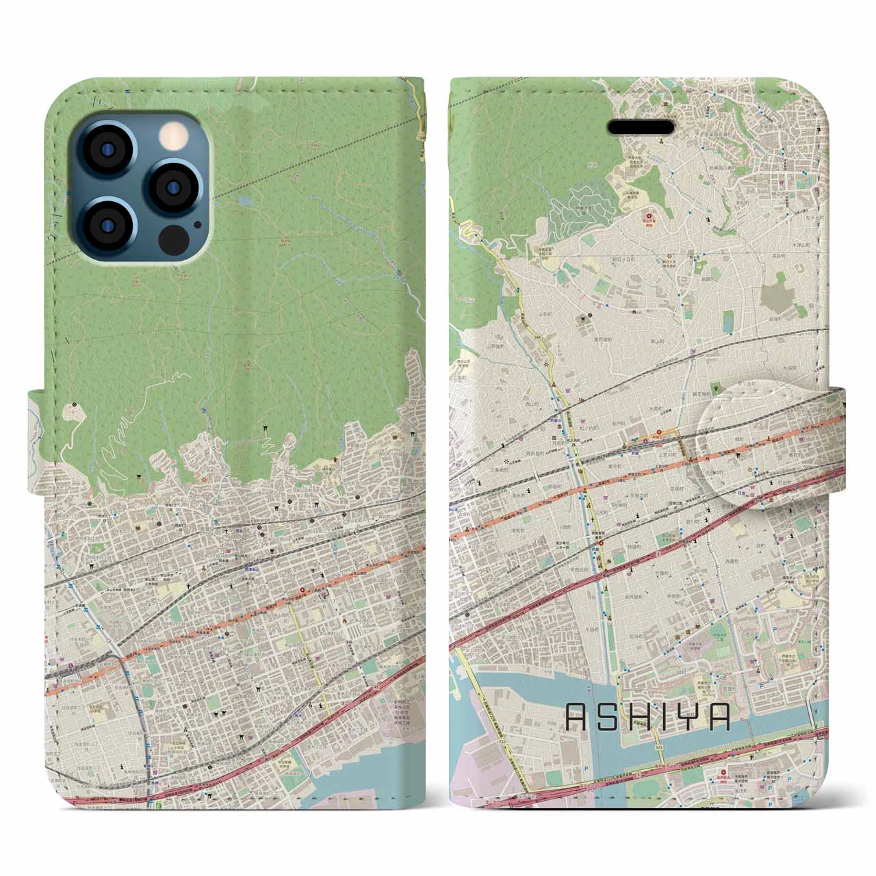 【芦屋(兵庫県)】地図柄iPhoneケース(手帳タイプ)ナチュラル・iPhone 12 / 12 Pro 用