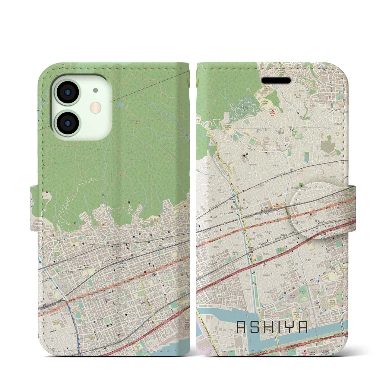 【芦屋(兵庫県)】地図柄iPhoneケース(手帳タイプ)ナチュラル・iPhone 12 mini 用