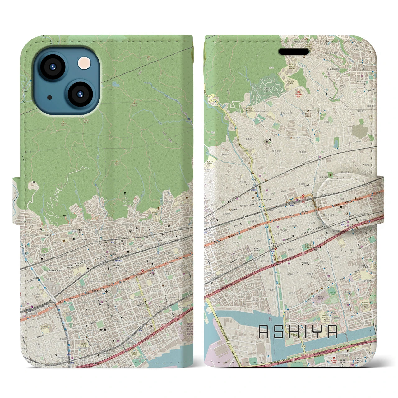 【芦屋(兵庫県)】地図柄iPhoneケース(手帳タイプ)ナチュラル・iPhone 13 用