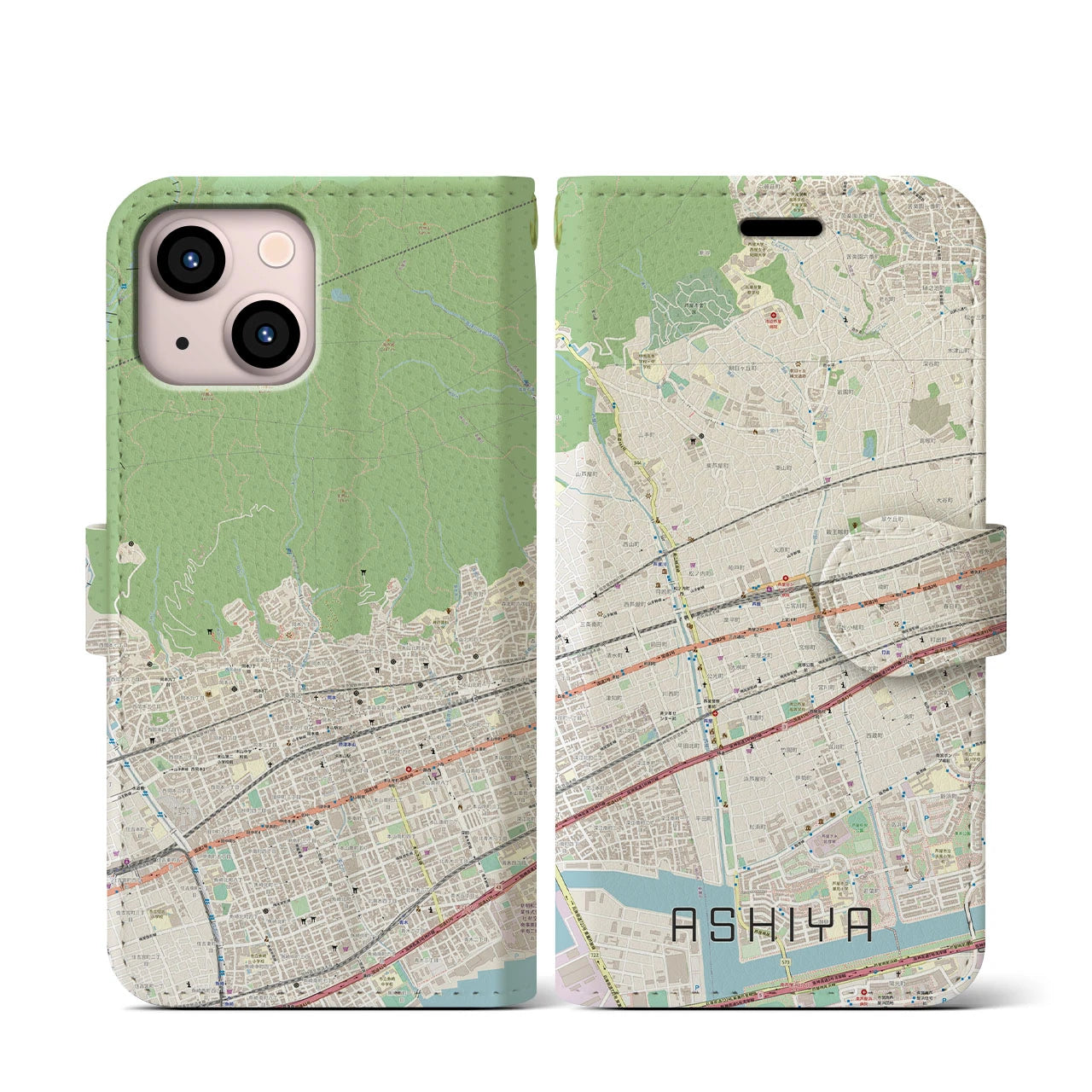 【芦屋(兵庫県)】地図柄iPhoneケース(手帳タイプ)ナチュラル・iPhone 13 mini 用