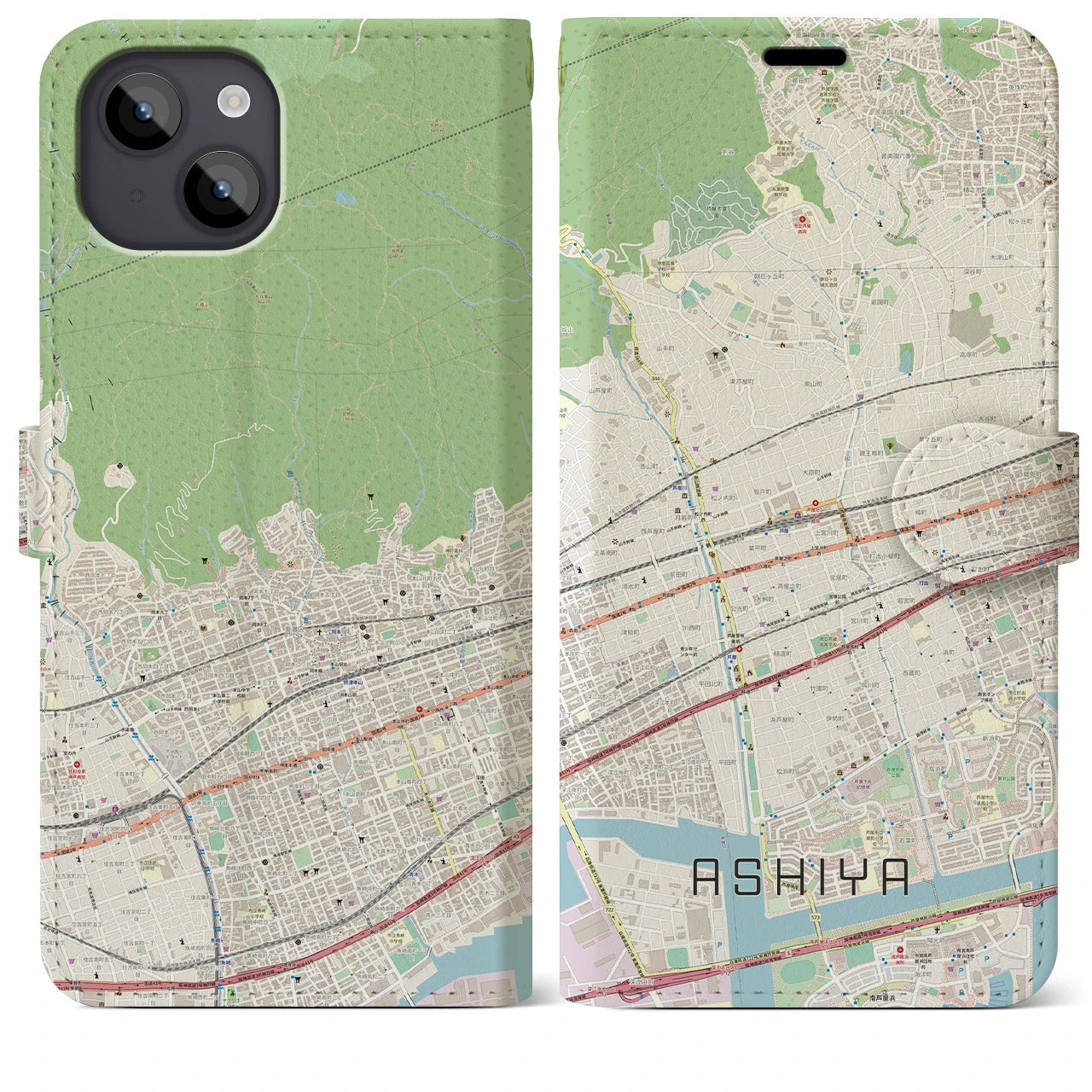 【芦屋(兵庫県)】地図柄iPhoneケース(手帳タイプ)ナチュラル・iPhone 14 Plus 用