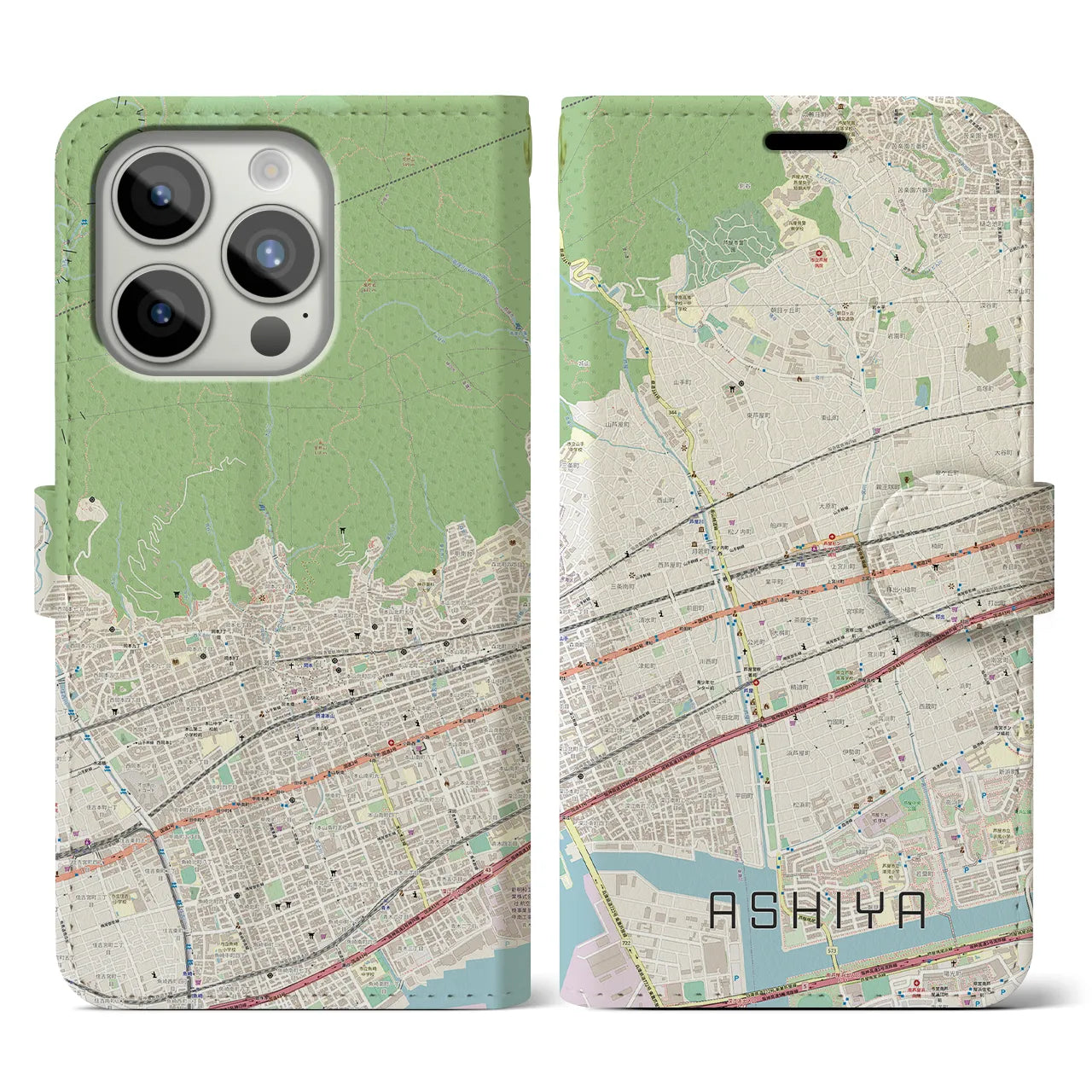 【芦屋(兵庫県)】地図柄iPhoneケース(手帳タイプ)ナチュラル・iPhone 15 Pro 用