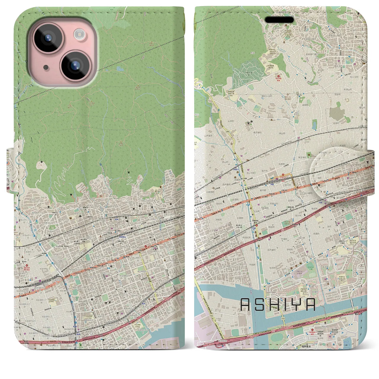 【芦屋(兵庫県)】地図柄iPhoneケース(手帳タイプ)ナチュラル・iPhone 15 Plus 用