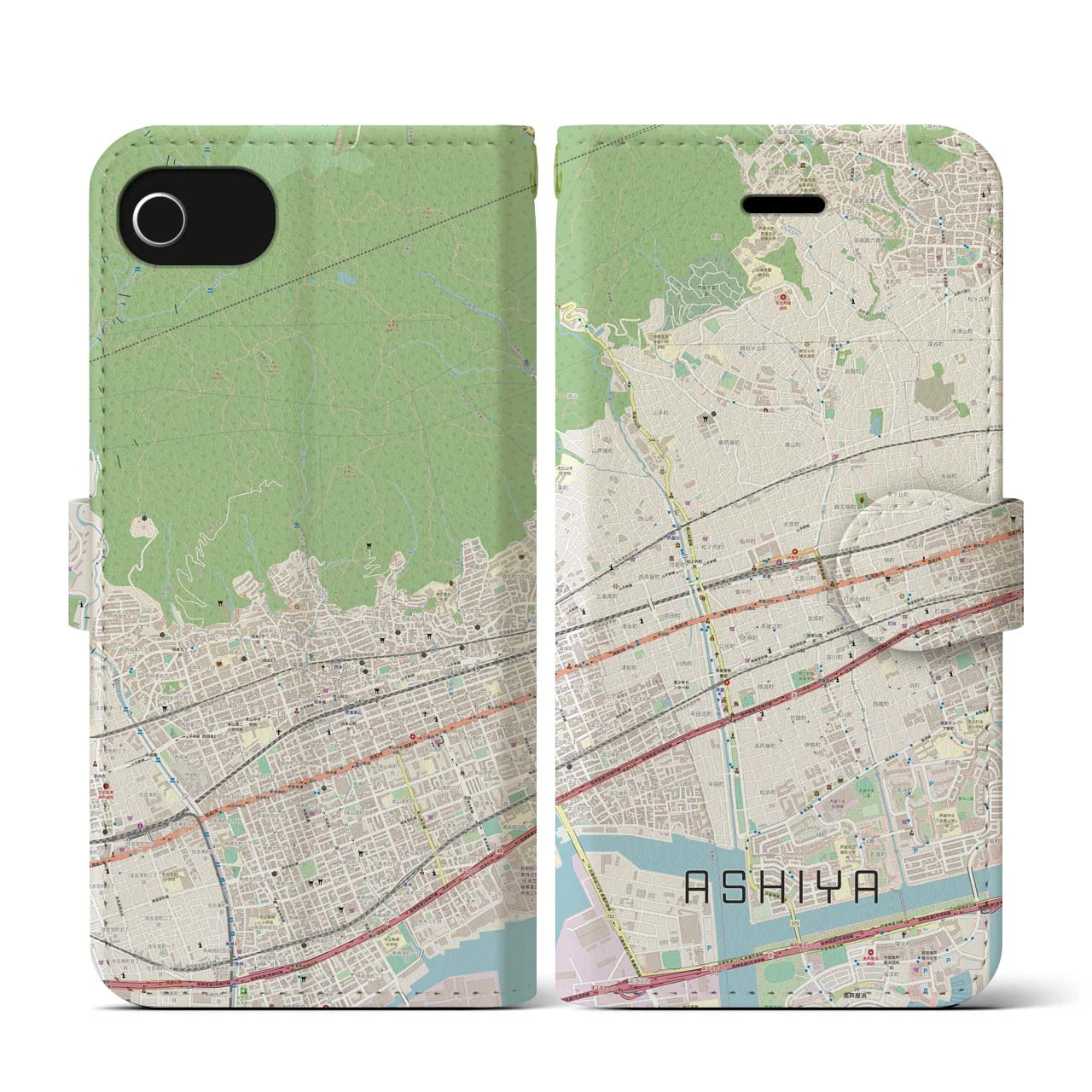 【芦屋(兵庫県)】地図柄iPhoneケース(手帳タイプ)ナチュラル・iPhone SE(第3 / 第2世代) / 8 / 7 / 6s / 6 用