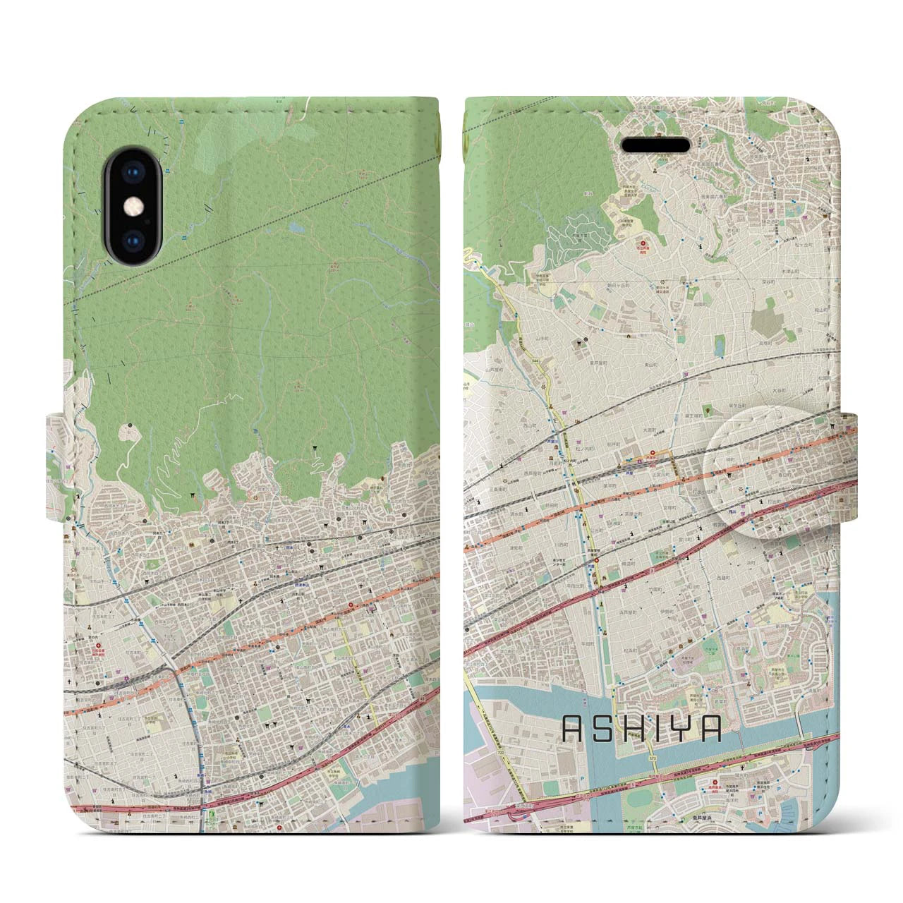 【芦屋(兵庫県)】地図柄iPhoneケース(手帳タイプ)ナチュラル・iPhone XS / X 用