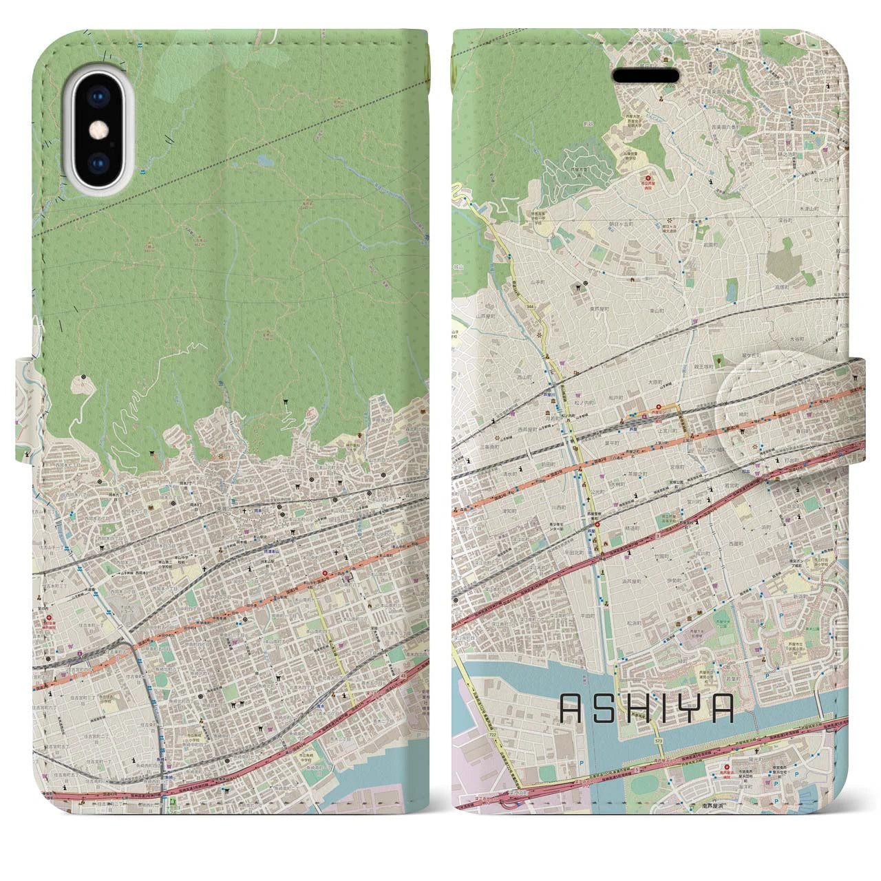 【芦屋(兵庫県)】地図柄iPhoneケース(手帳タイプ)ナチュラル・iPhone XS Max 用