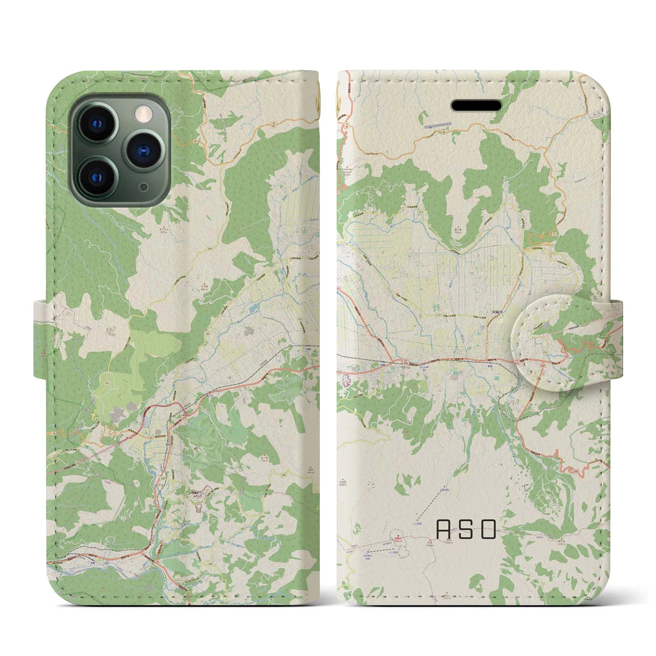 【阿蘇2(熊本県)】地図柄iPhoneケース(手帳タイプ)ナチュラル・iPhone 11 Pro 用