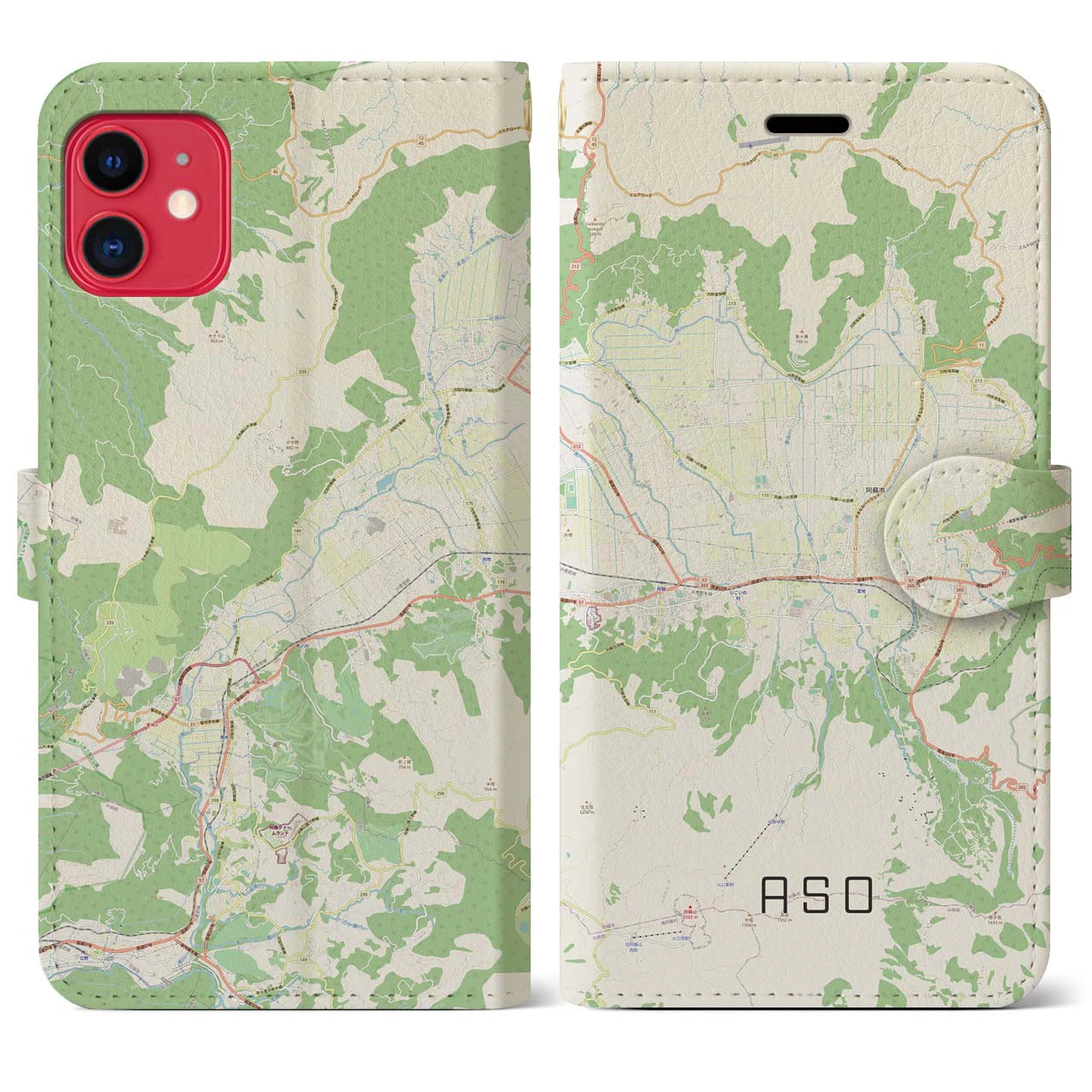 【阿蘇2(熊本県)】地図柄iPhoneケース(手帳タイプ)ナチュラル・iPhone 11 用