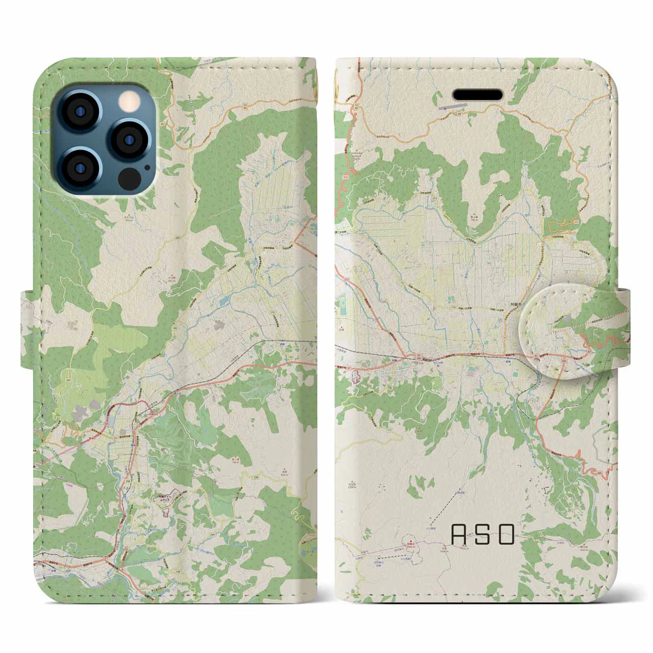 【阿蘇2(熊本県)】地図柄iPhoneケース(手帳タイプ)ナチュラル・iPhone 12 / 12 Pro 用