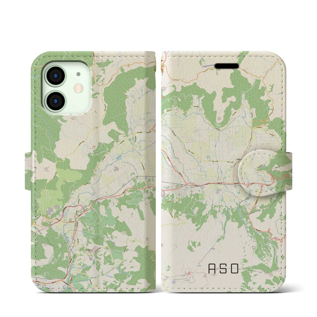 【阿蘇2(熊本県)】地図柄iPhoneケース(手帳タイプ)ナチュラル・iPhone 12 mini 用