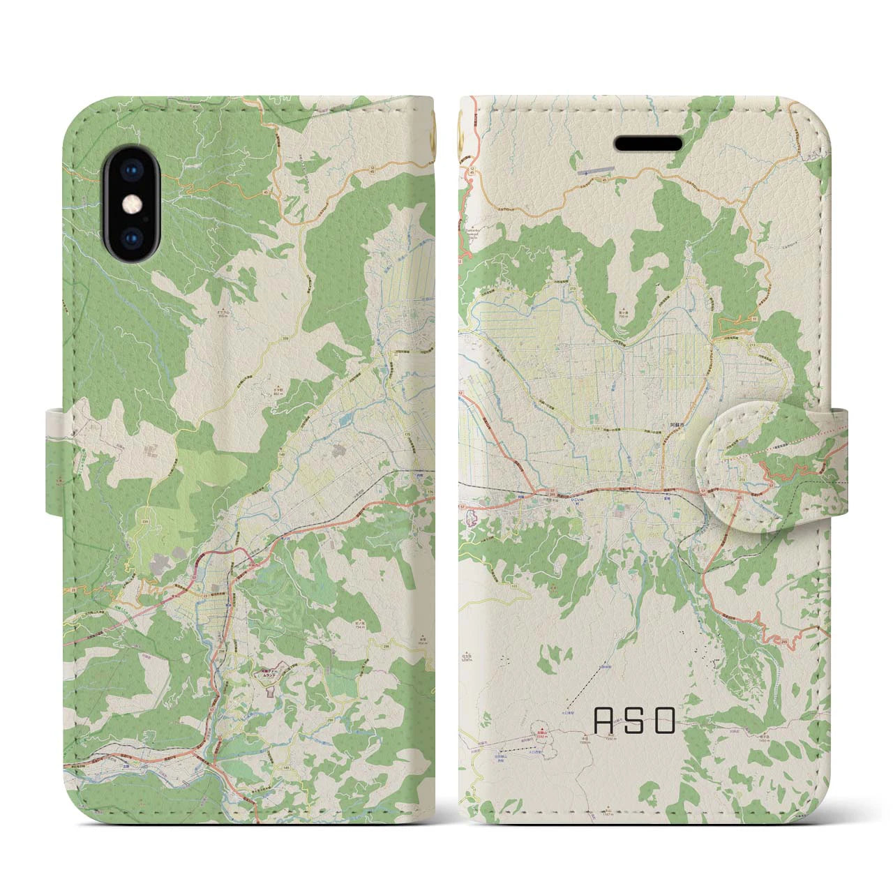 【阿蘇2(熊本県)】地図柄iPhoneケース(手帳タイプ)ナチュラル・iPhone XS / X 用