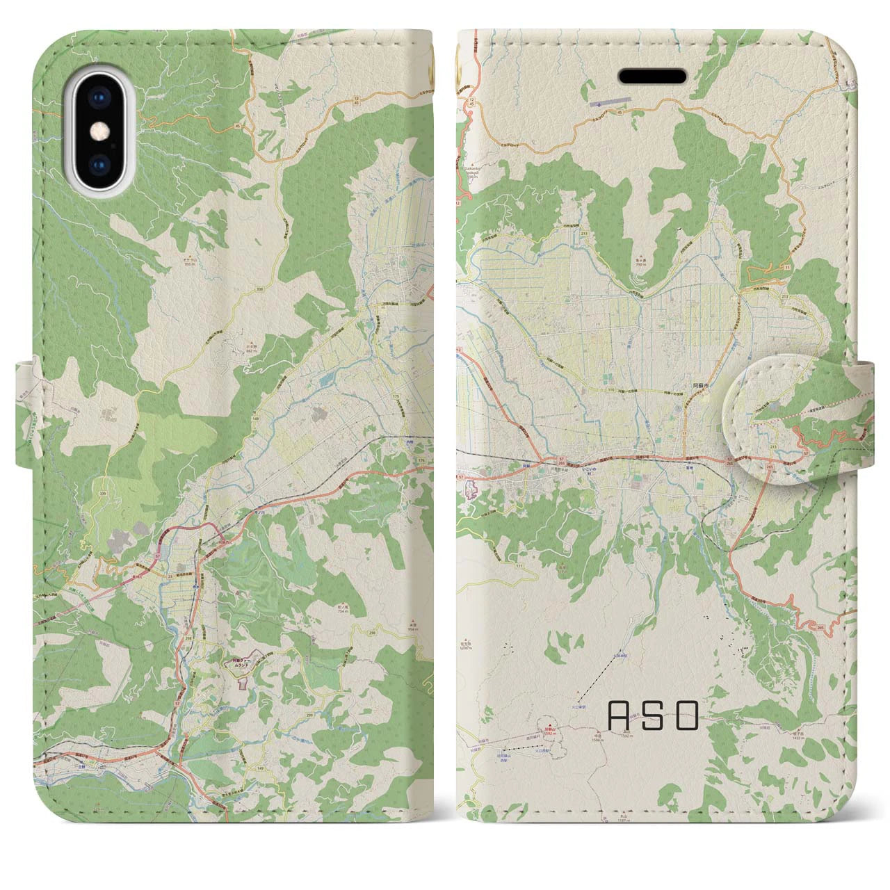 【阿蘇2(熊本県)】地図柄iPhoneケース(手帳タイプ)ナチュラル・iPhone XS Max 用