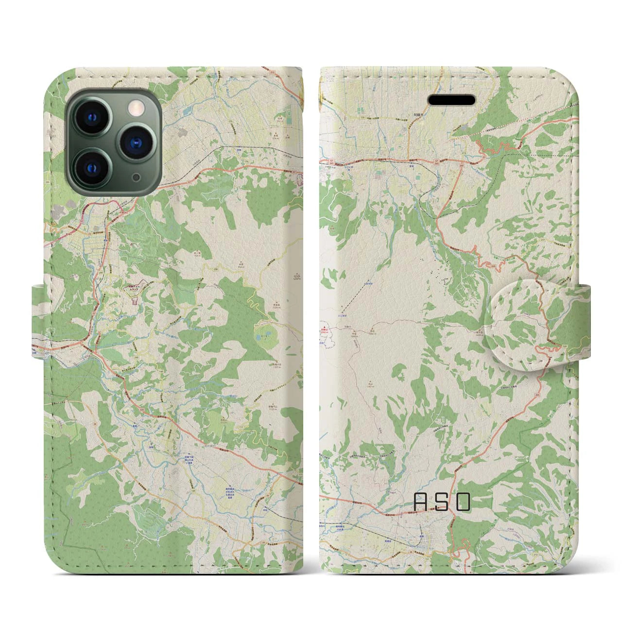 【阿蘇(熊本県)】地図柄iPhoneケース(手帳タイプ)ナチュラル・iPhone 11 Pro 用