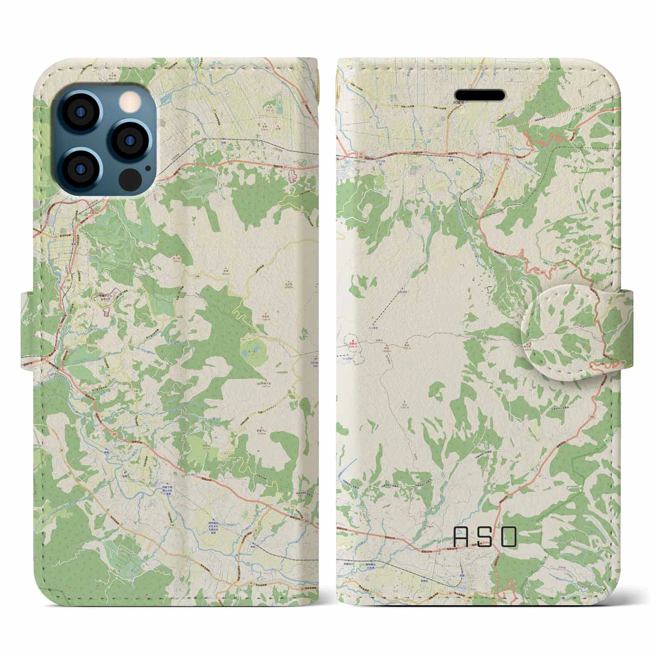 【阿蘇(熊本県)】地図柄iPhoneケース(手帳タイプ)ナチュラル・iPhone 12 / 12 Pro 用