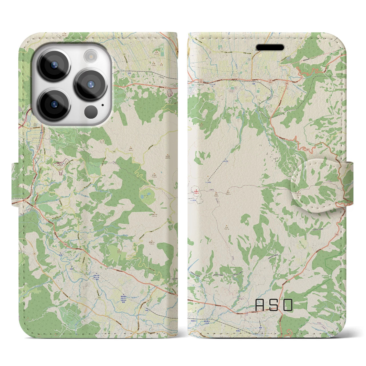 【阿蘇(熊本県)】地図柄iPhoneケース(手帳タイプ)ナチュラル・iPhone 14 Pro 用