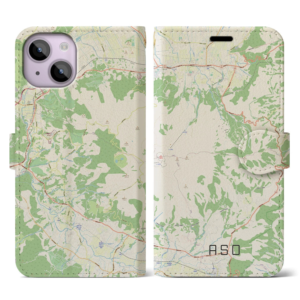 【阿蘇(熊本県)】地図柄iPhoneケース(手帳タイプ)ナチュラル・iPhone 14 用