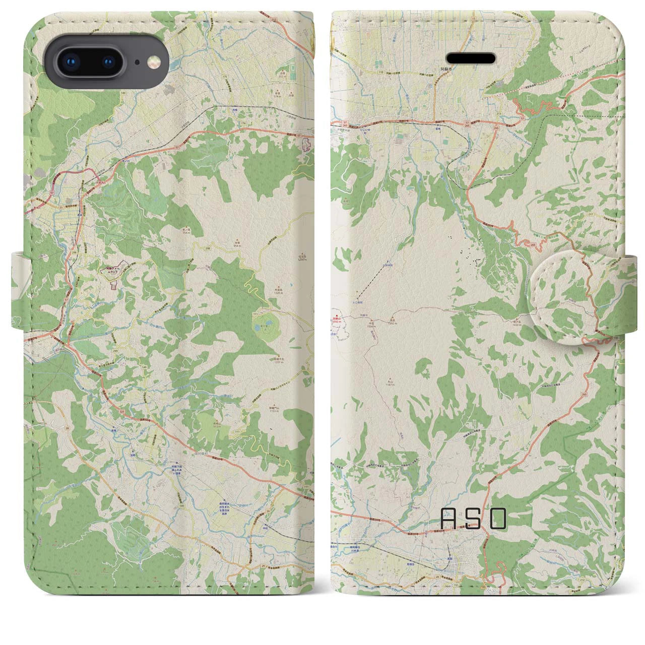 【阿蘇(熊本県)】地図柄iPhoneケース(手帳タイプ)ナチュラル・iPhone 8Plus /7Plus / 6sPlus / 6Plus 用