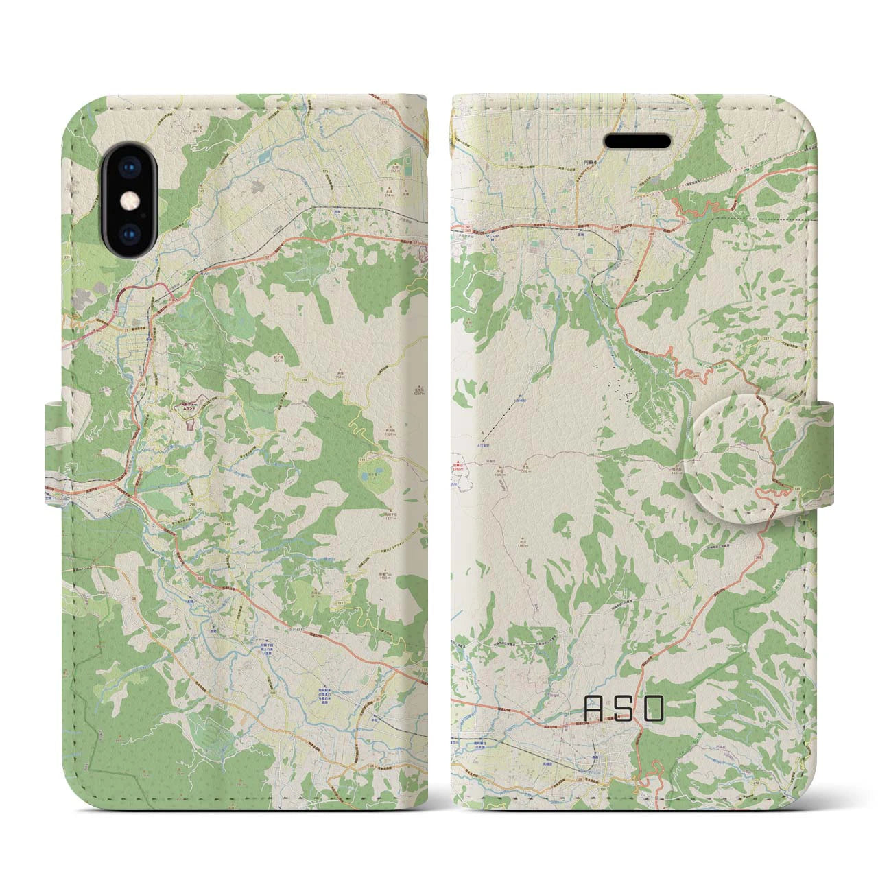 【阿蘇(熊本県)】地図柄iPhoneケース(手帳タイプ)ナチュラル・iPhone XS / X 用