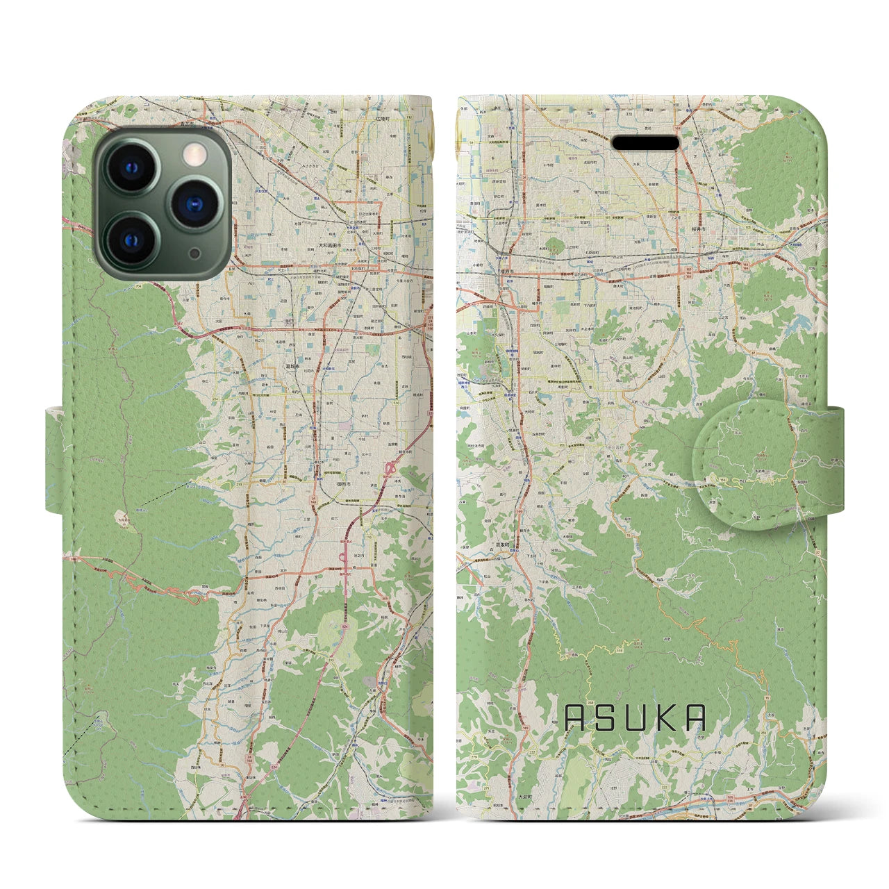 【明日香(奈良県)】地図柄iPhoneケース(手帳タイプ)ナチュラル・iPhone 11 Pro 用