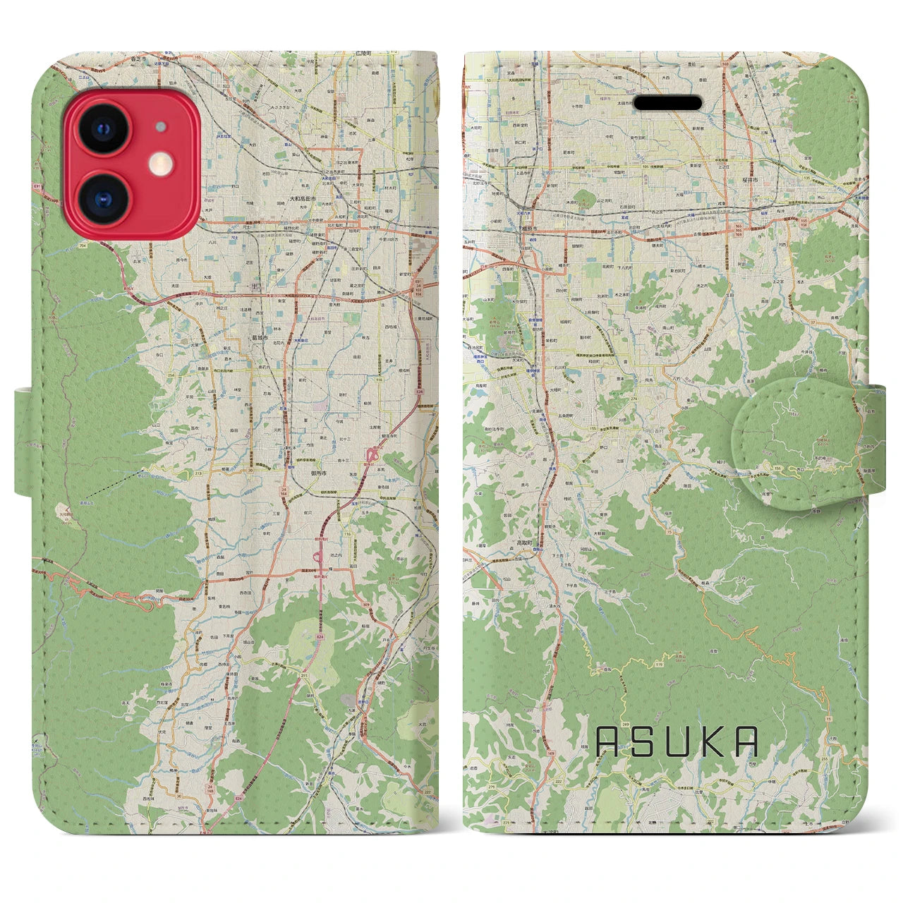 【明日香(奈良県)】地図柄iPhoneケース(手帳タイプ)ナチュラル・iPhone 11 用